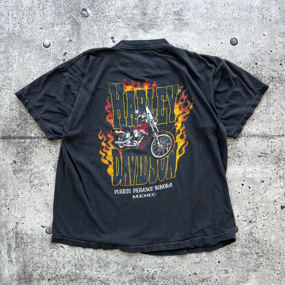 Vintage Harley Davidson T-Shirt Mens XL Black Graphic Flame Mexico Biker 90s